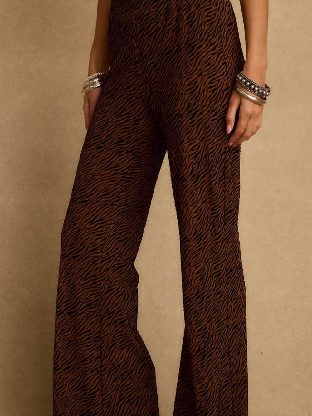 12th Tribe Silver Springs Cognac Zebra Flare Pants - NWT - Picture 3 of 5